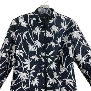 Silkland Chinese Style Jacket Leaf Print Black & White Oriental Quilted Pettite